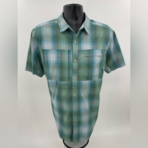 Columbia Omni Wick Shirt Mens Large L Teal Green Plaid Short Sleeve Cotton Blend